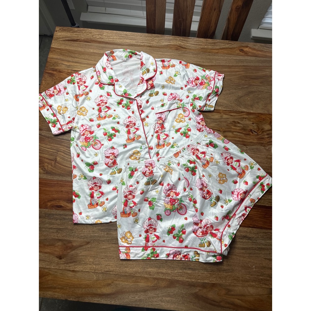 Strawberry Shortcake Pajama Set Womens Large White Satin Short Sleeve Shorts 2PC